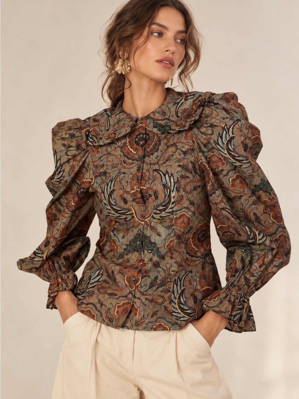 Ulla Johnson Brown Floral Jacquard Romantic Blouse Western Folk Art